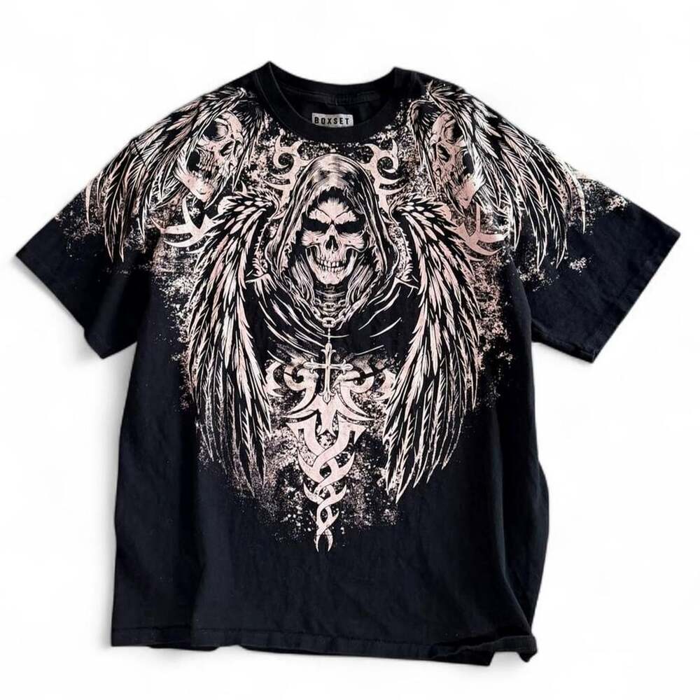 BOXSET Grim Reaper Graphic T-Shirt Large Black Y2K Skull Tribal Gothic